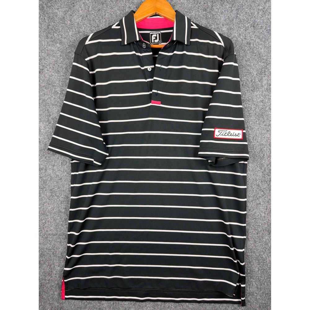 FootJoy FJ Titleist Mens Large Athletic Fit Striped Golf Polo Shirt Black Pink